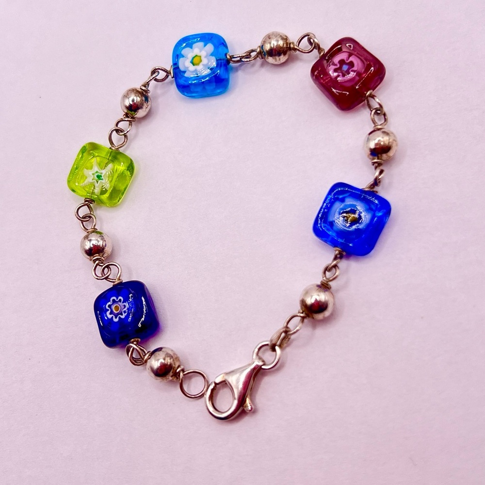 Vintage 925 Sterling Silver Multicolor Floral Glass Bead Bracelet